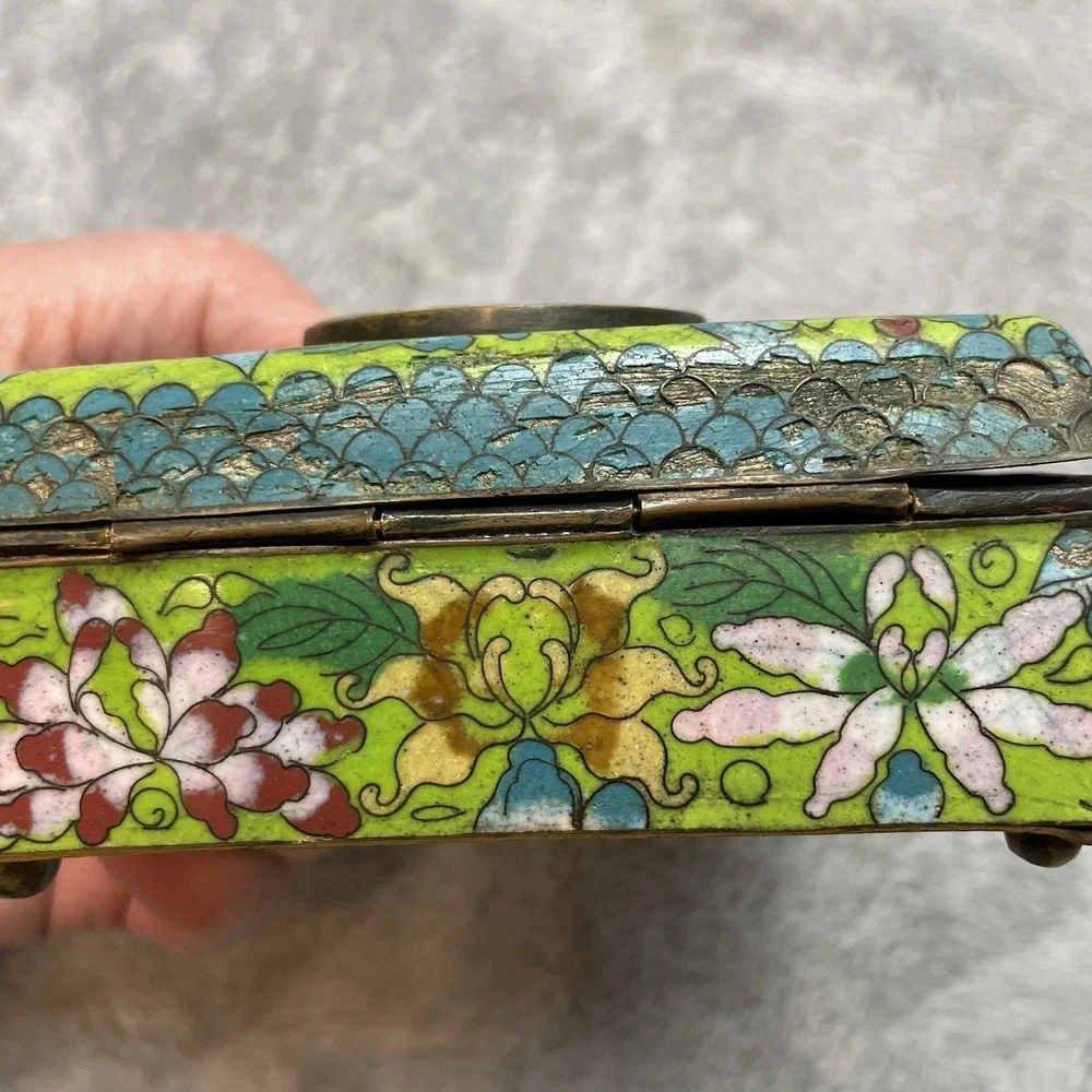 Vintage Chinese Enamel Jewelry Trinket Box Hand Painted Floral Medallion Charm